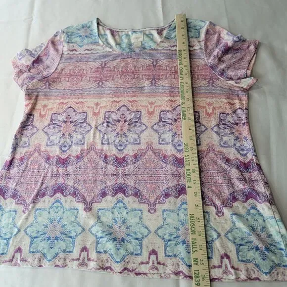 Chicos Womens Top Blouse Medallion Large Blue White Pink Pastel Artsy Art Spring - Picture 5 of 11